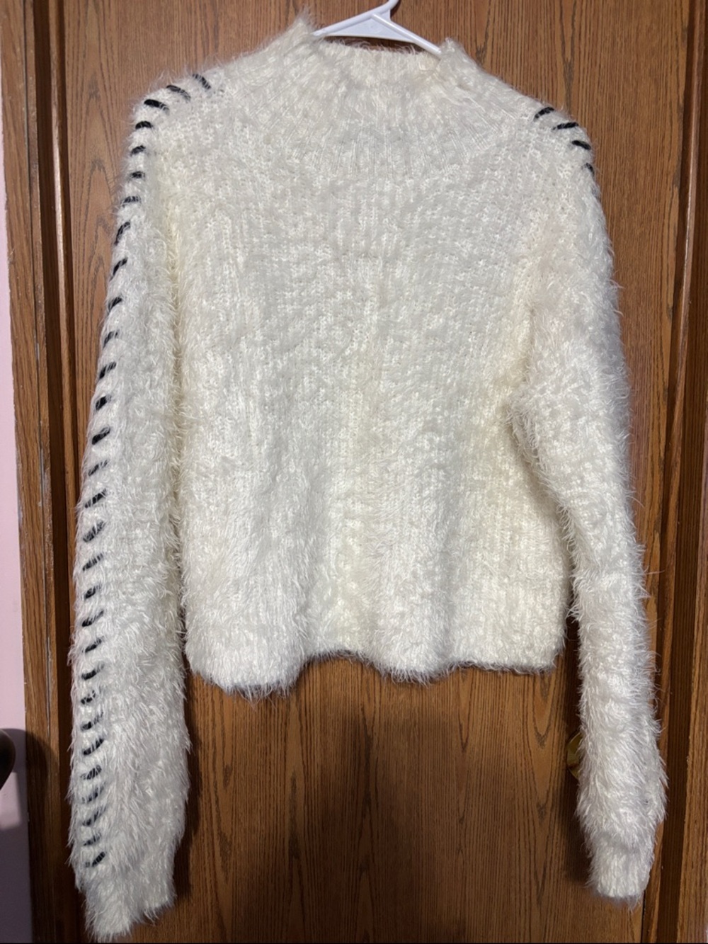 1. State Ivory Fuzzy Turtleneck Sweater with Black Ladder Stitch Sleeves